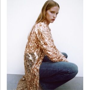 Zara sequin sparkle duster long collared shirt dress- champagne gold